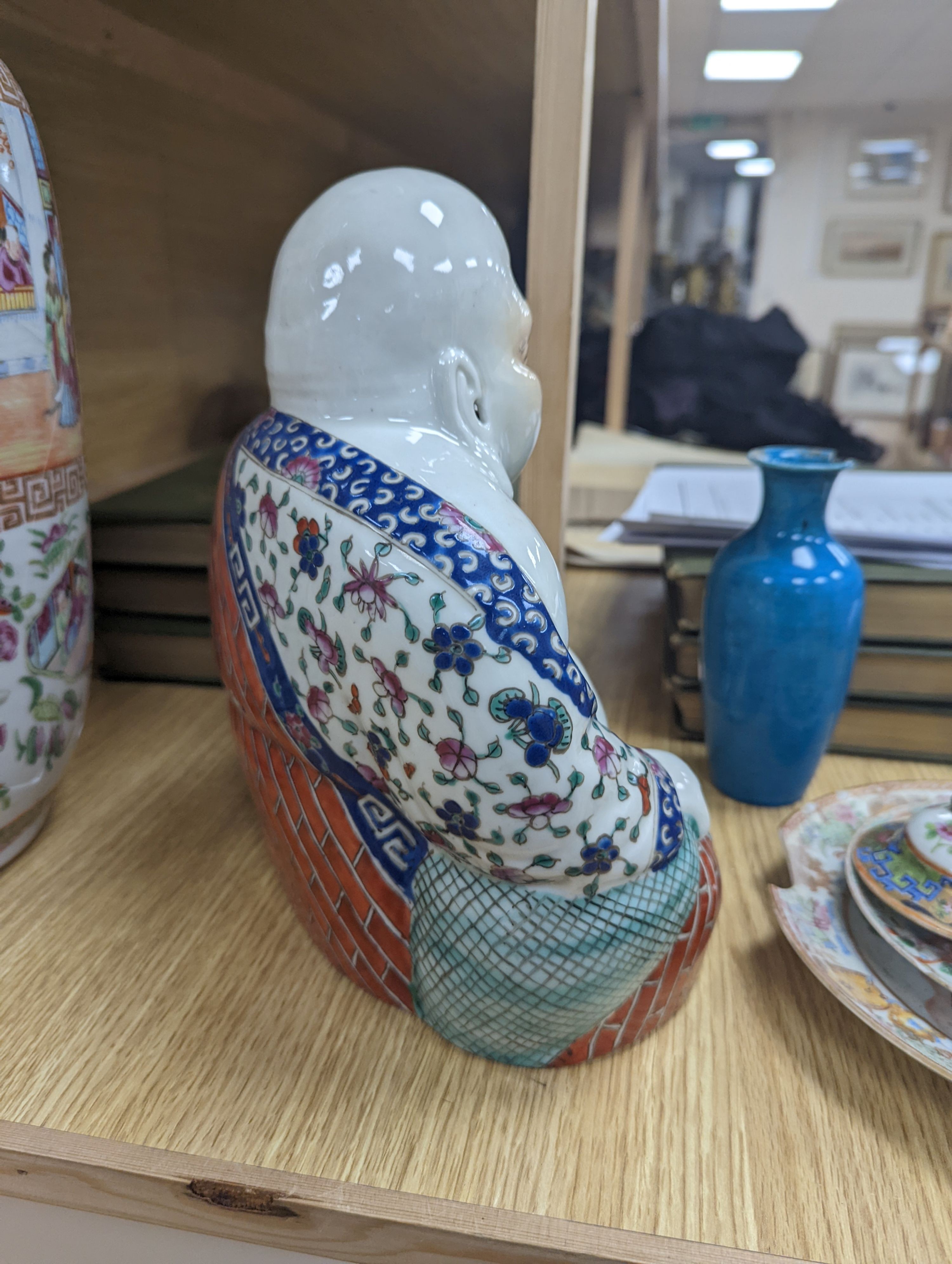 A Chinese famille rose vase, a figure of Budai, a turquoise glaze vase etc, vase 45 cms high.